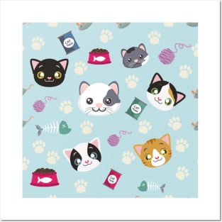 Every Cute Cat Pattern With Toys, Food, Mice, Paws Graphic illustrations Posters and Art